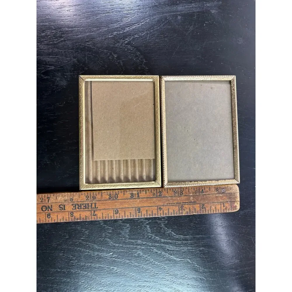 Vtg Set of 2 Rectangle Mini Picture Frames Gold Metal Trim Glass backing Classic